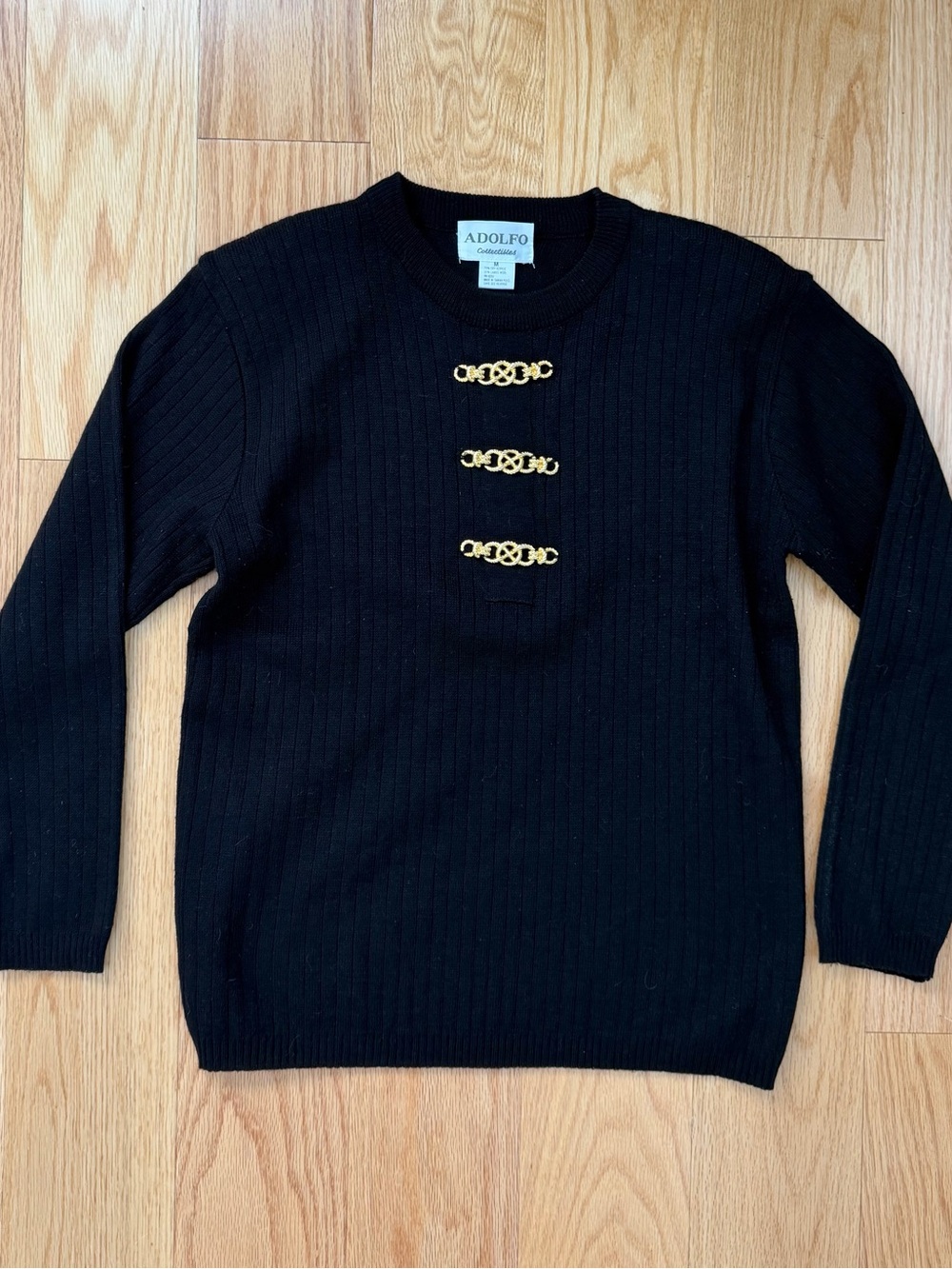 ADOLFO Collectibles Vintage 90s Black Ribbed Knit Sweater Gold Rope Knot Detail